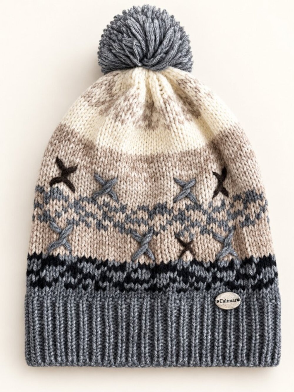 Calimar Italian Alpaca Wool Blend Colorblock Pom Pom Beanie